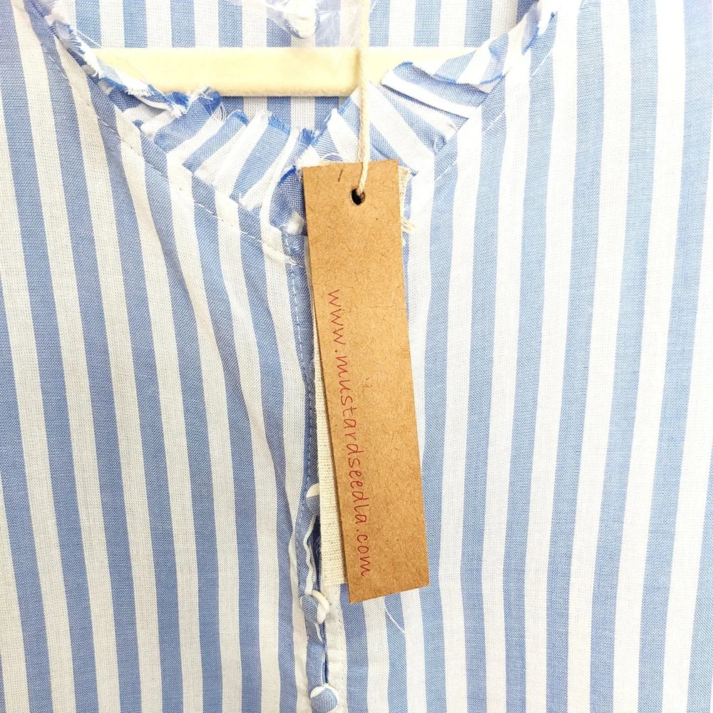 Mustard Seed Womens Large Blouse Button Front Ruffle Striped Blue White - Picture 5 of 6